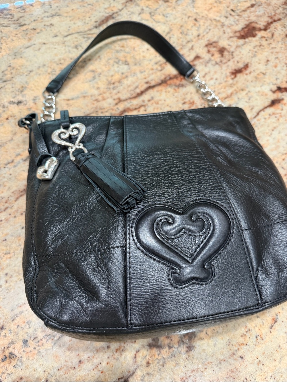 Brighton Black Leather Heart-Accent Shoulder Bag with Chain & Leather Strap